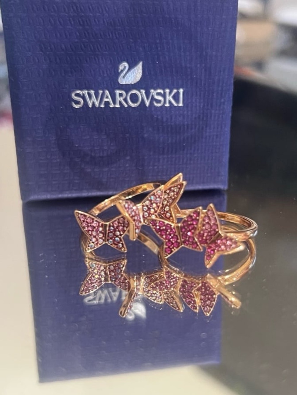Swarovski Rose Gold Pink Butterfly Ring with Crystal Pavé